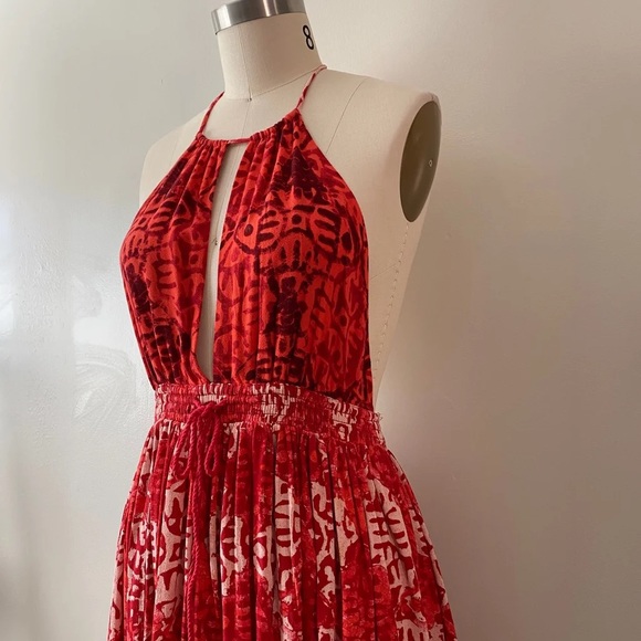 FREE PEOPLE BEACH DAY RED BLOCK PRINT HALTER TIE OPEN BACK SWING DRESS XS - Picture 9 of 16